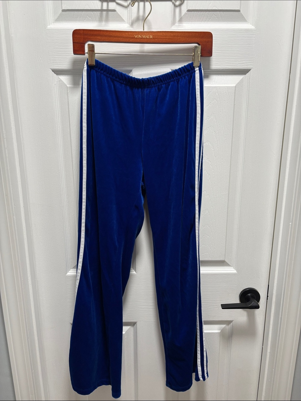 Blue Velour Track Pants with White Side Stripes. Will stretch to 18